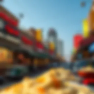 Exploring Al Barsha's Culinary Scene A vibrant Al Barsha street with local restaurants serving Baba Ghanouj