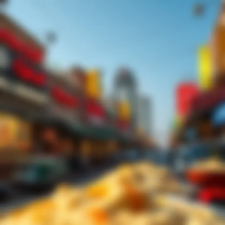 Exploring Al Barsha's Culinary Scene A vibrant Al Barsha street with local restaurants serving Baba Ghanouj