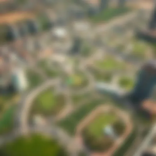 Aerial Perspective of Arjan's Green Spaces Aerial view of Arjan showcasing its lush green parks and modern architecture