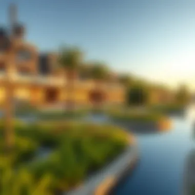 Serene landscape with pathways and water features in Damac Hills 2