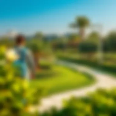 Lush green park in Damac Hills with walking paths