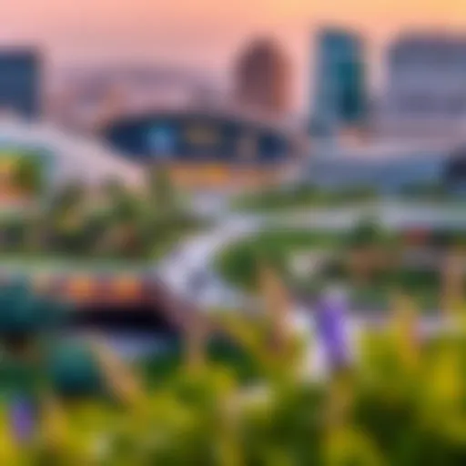 A panoramic view of a design district park showcasing innovative landscaping