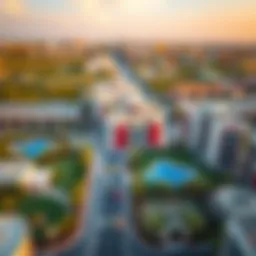 A panoramic view of Al Aweer's architectural landscape showcasing modern buildings and green spaces.