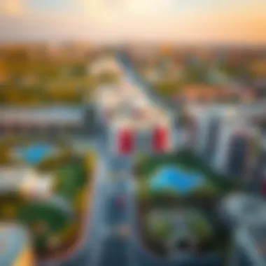 A panoramic view of Al Aweer's architectural landscape showcasing modern buildings and green spaces.