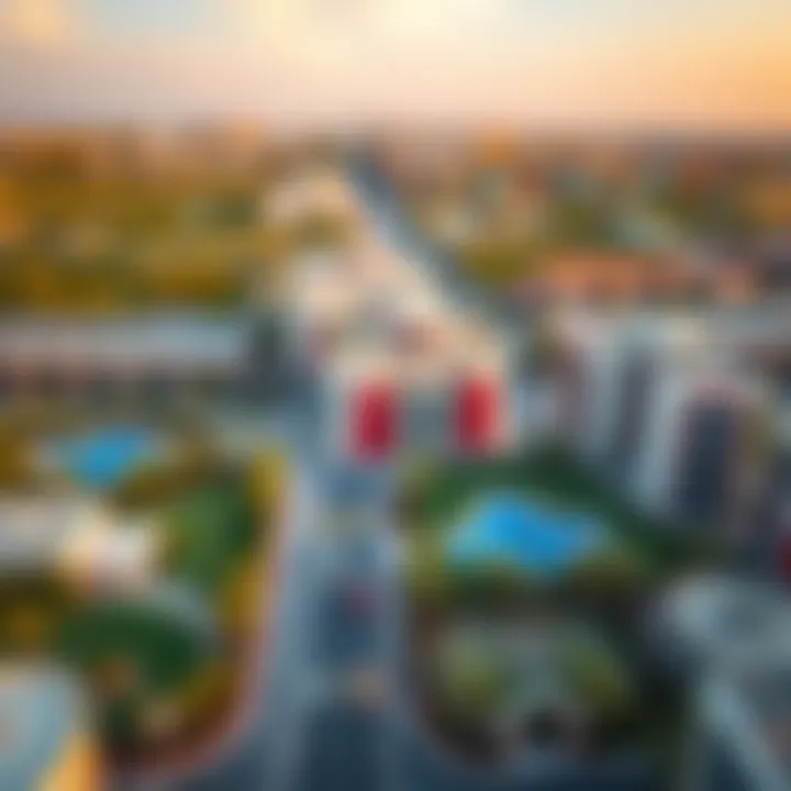 A panoramic view of Al Aweer's architectural landscape showcasing modern buildings and green spaces.