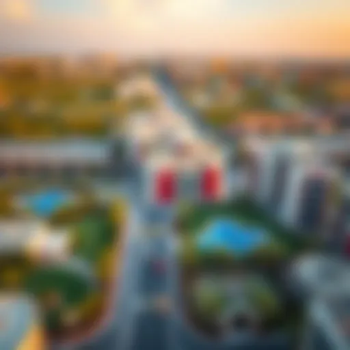 Panoramic View of Al Aweer's Architectural Landscape A panoramic view of Al Aweer's architectural landscape showcasing modern buildings and green spaces.