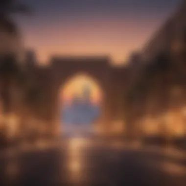 Evening view of Al Khail Gate illuminated against the Dubai skyline