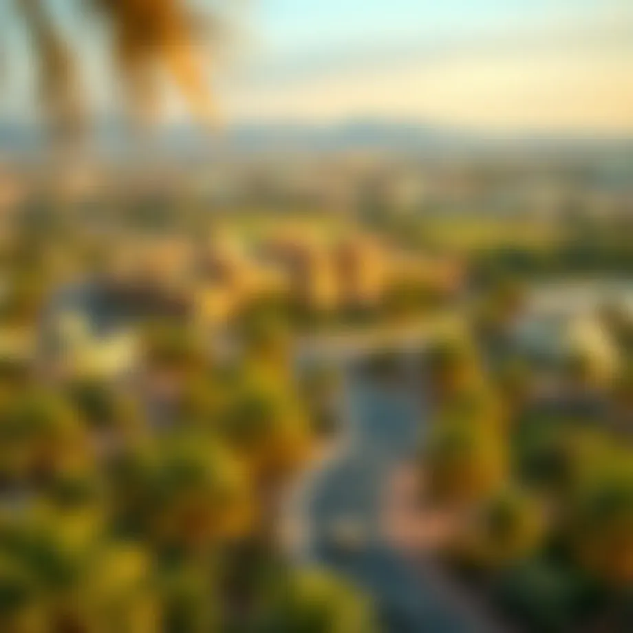 A panoramic view of Al Warsan showcasing its lush landscapes