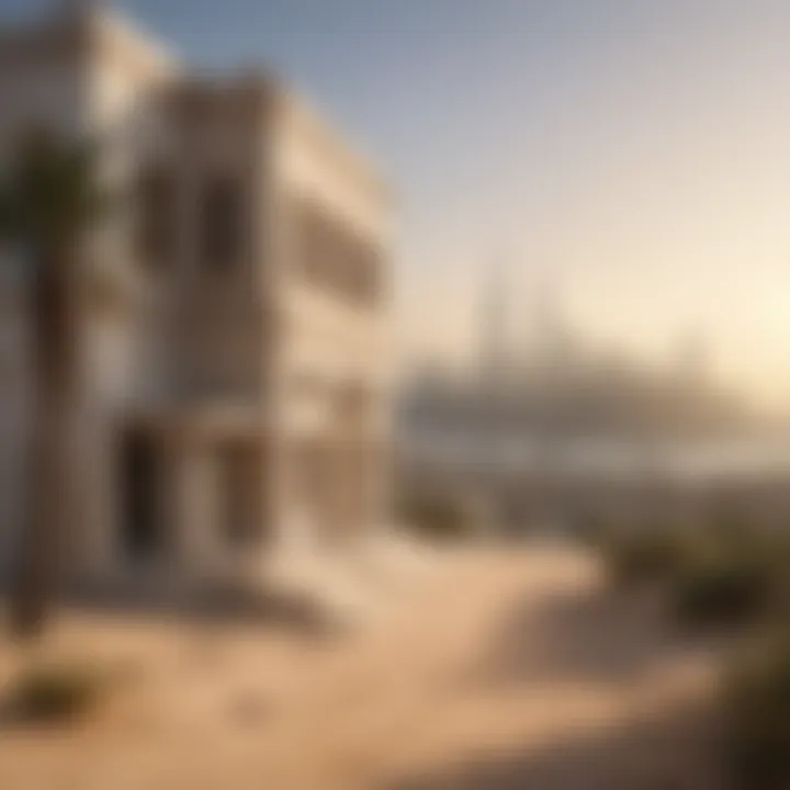 A scenic view of a limestone house against the Dubai skyline