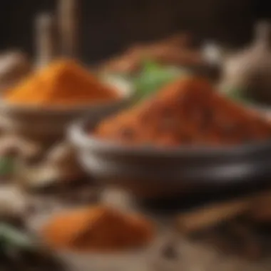 A close-up of exotic spices and ingredients used in Warqa's culinary traditions, emphasizing their significance.