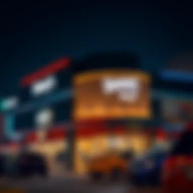 Exterior view of Denny's at Deira City Center illuminated at night.