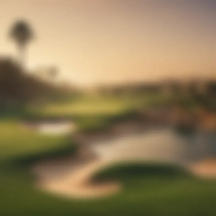 Panoramic view of a golf course at sunset