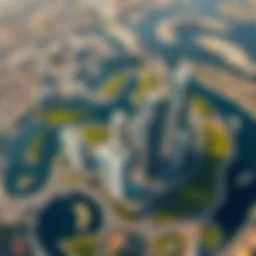 Aerial view of JLT Towers surrounded by lakes and greenery