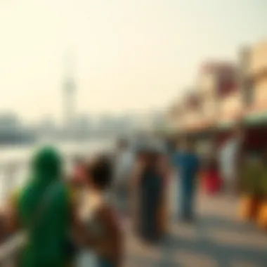 A vibrant community event taking place along the Khor, reflecting the social interactions among diverse groups.