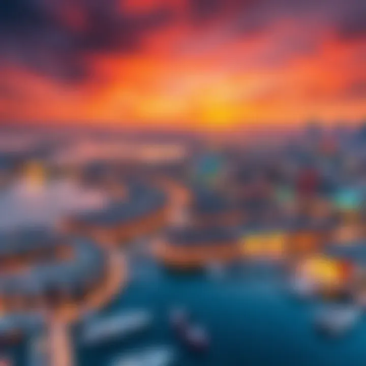 A breathtaking view of Khor Dubai at sunset, showcasing the interplay of nature and urban architecture.