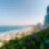 Panoramic view of the vibrant beachfront with clear blue skies