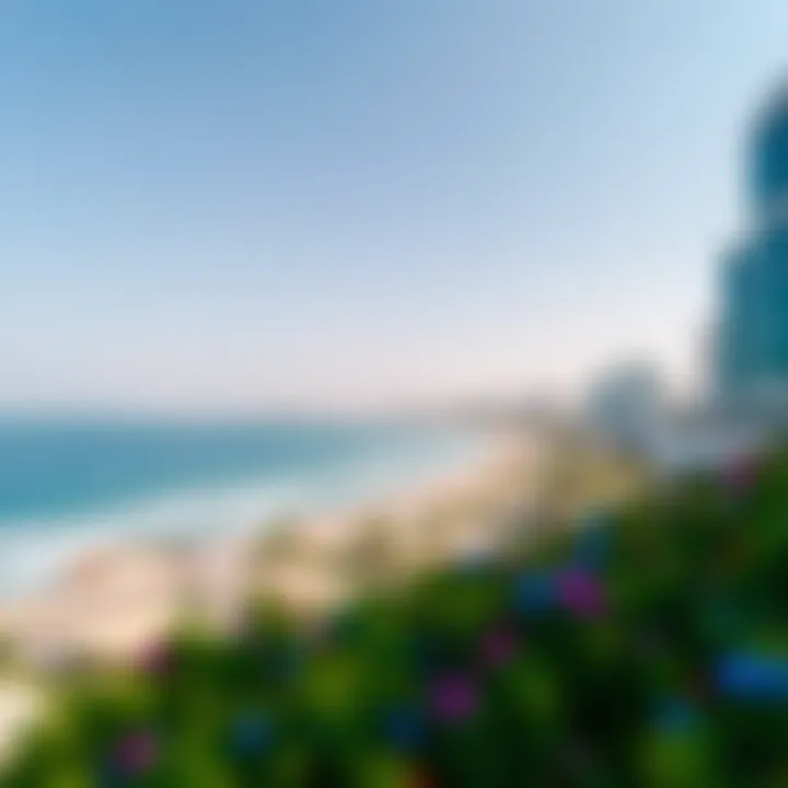 Vibrant Beachfront Panorama Panoramic view of the vibrant beachfront with clear blue skies