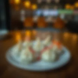 A beautifully arranged plate of momo dumplings with vibrant garnishes