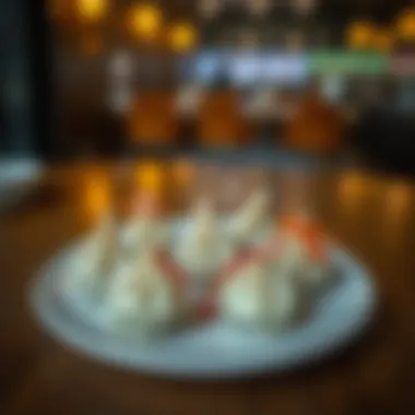 Artful Presentation of Momo Dumplings A beautifully arranged plate of momo dumplings with vibrant garnishes