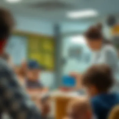 A professional educator guiding children through a learning activity in the classroom.