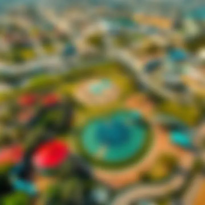 An aerial view showcasing multiple play areas and green spaces