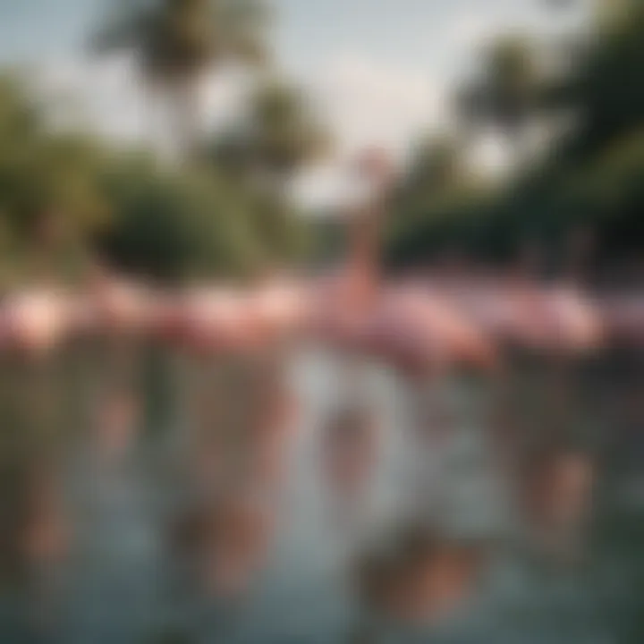 Flamingos gracefully wading in the waters of Ras Al Khor Wildlife Sanctuary.