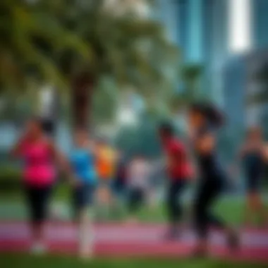 Diverse group engaging in fitness activities within an urban park