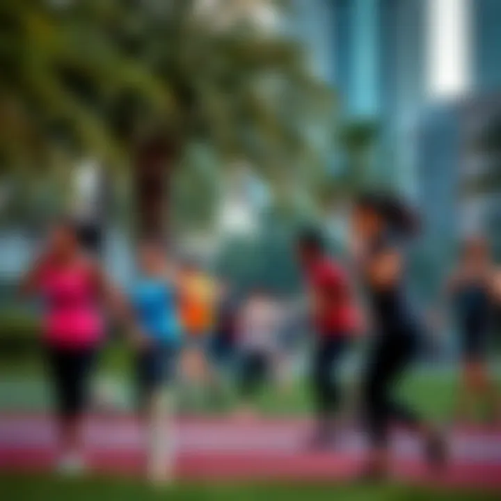 Diverse group engaging in fitness activities within an urban park