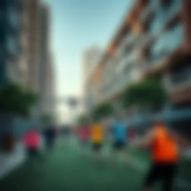 Outdoor fitness class in a bustling urban neighborhood