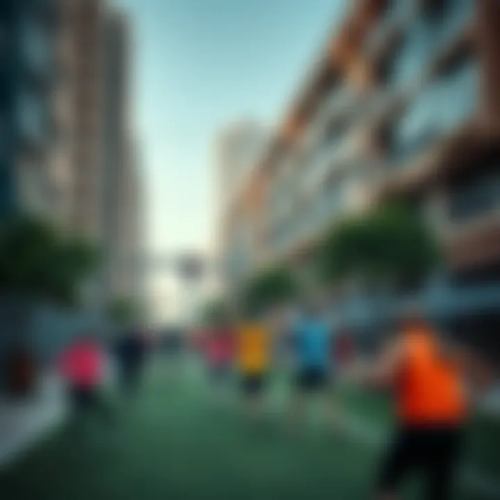 Outdoor fitness class in a bustling urban neighborhood