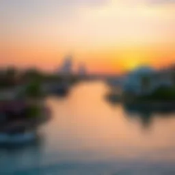 A stunning view of Dubai's serene lakes at sunset