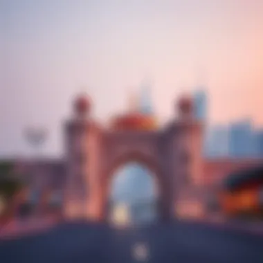 Liwan Gate with Dubai Skyline in the Background A panoramic view of Liwan Gate set against the Dubai skyline