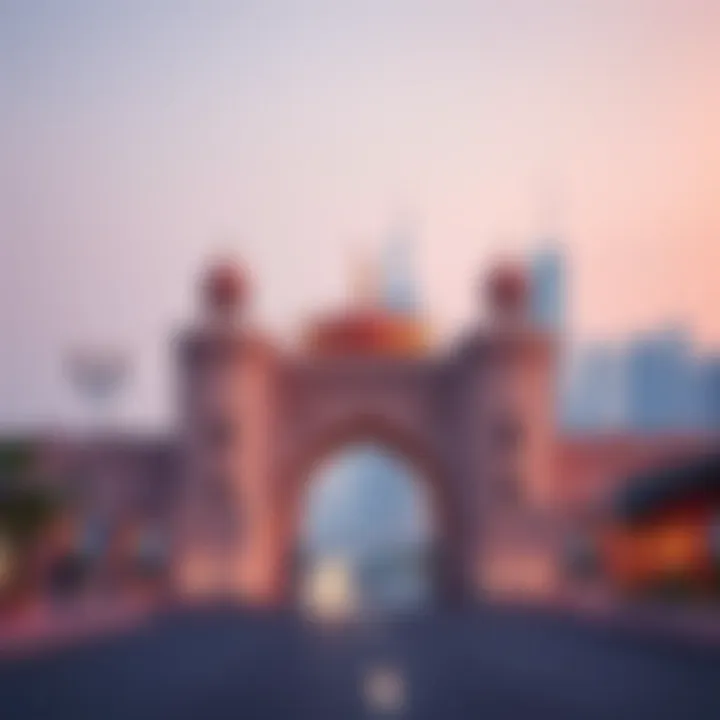 Liwan Gate with Dubai Skyline in the Background A panoramic view of Liwan Gate set against the Dubai skyline