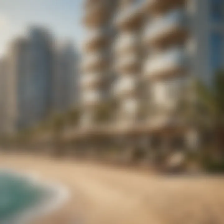 Luxurious apartment buildings lining the coastline of Jumeirah Beach Residence.