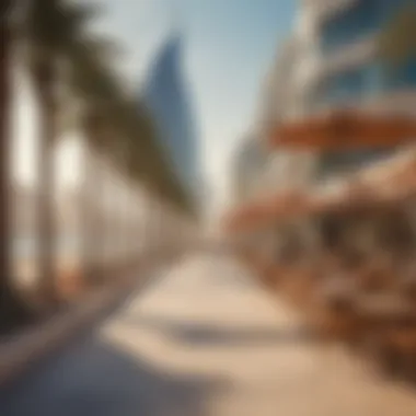 The vibrant promenade at Jumeirah Beach Residence with cafes and shops.