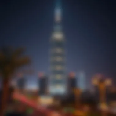 Nastaran Tower illuminated at night, highlighting its urban integration