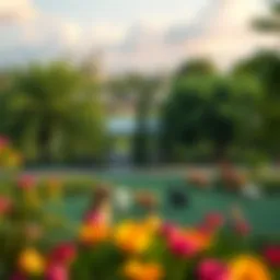 A serene view of the pet farm showcasing lush greenery and playful animals