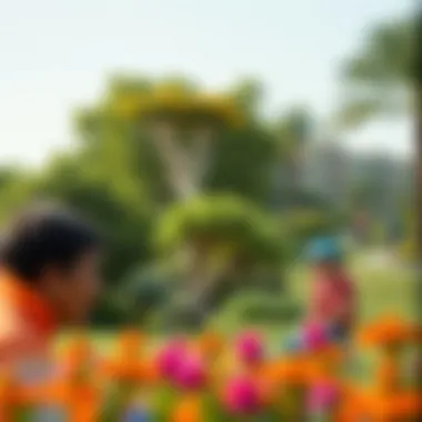 Community members enjoying outdoor activities in a lush green space.