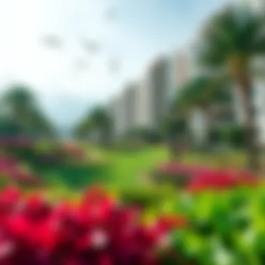 Lush landscaping surrounding the residences with vibrant greenery