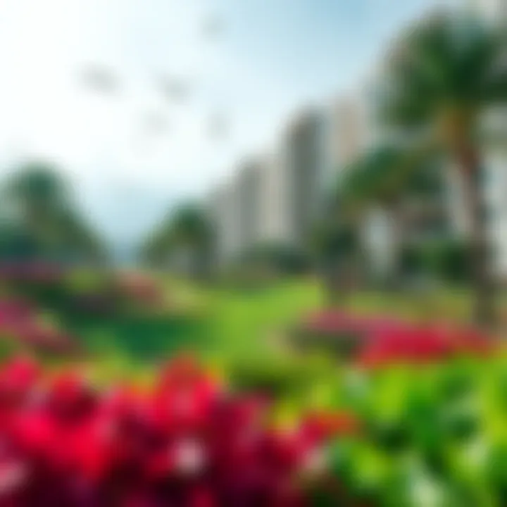 Lush landscaping surrounding the residences with vibrant greenery