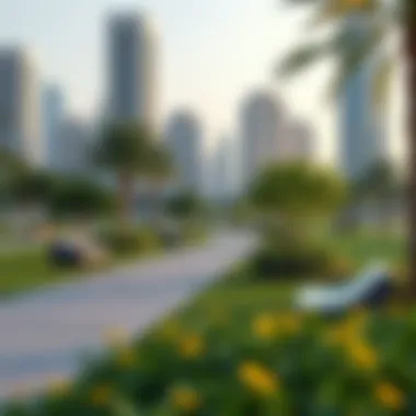 Walking paths and seating areas within JLT Park, emphasizing its design and visitor comfort