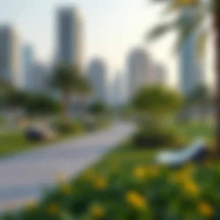 Walking paths and seating areas within JLT Park, emphasizing its design and visitor comfort