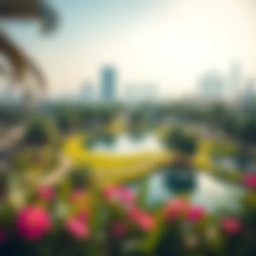 A panoramic view of JLT Park showcasing its lush greenery and serene lake