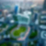 Aerial view of Meydan showcasing the lush green landscape and modern architecture