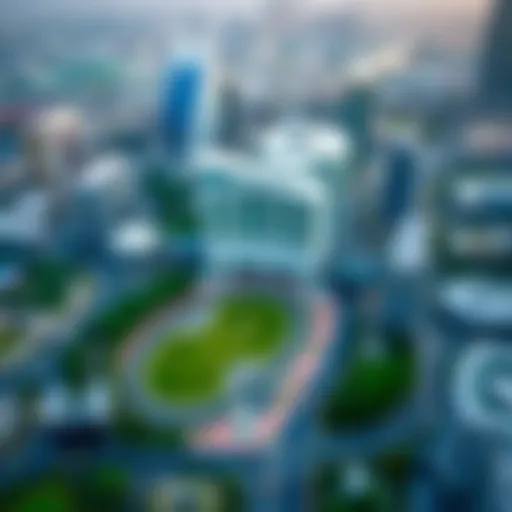 Aerial view of Meydan showcasing the lush green landscape and modern architecture