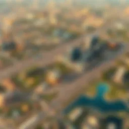 Aerial view of Motor City showcasing its intricate layout and green spaces