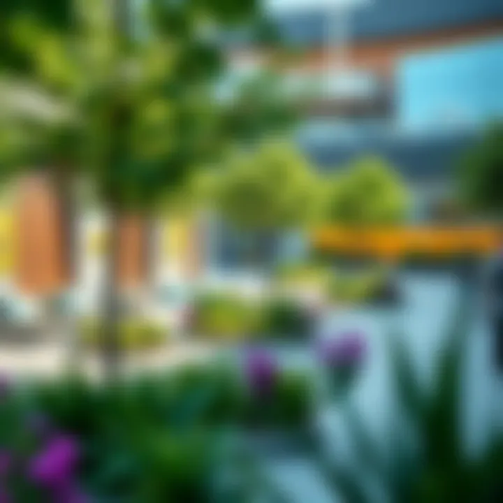 Community gathering space filled with vibrant greenery and seating areas