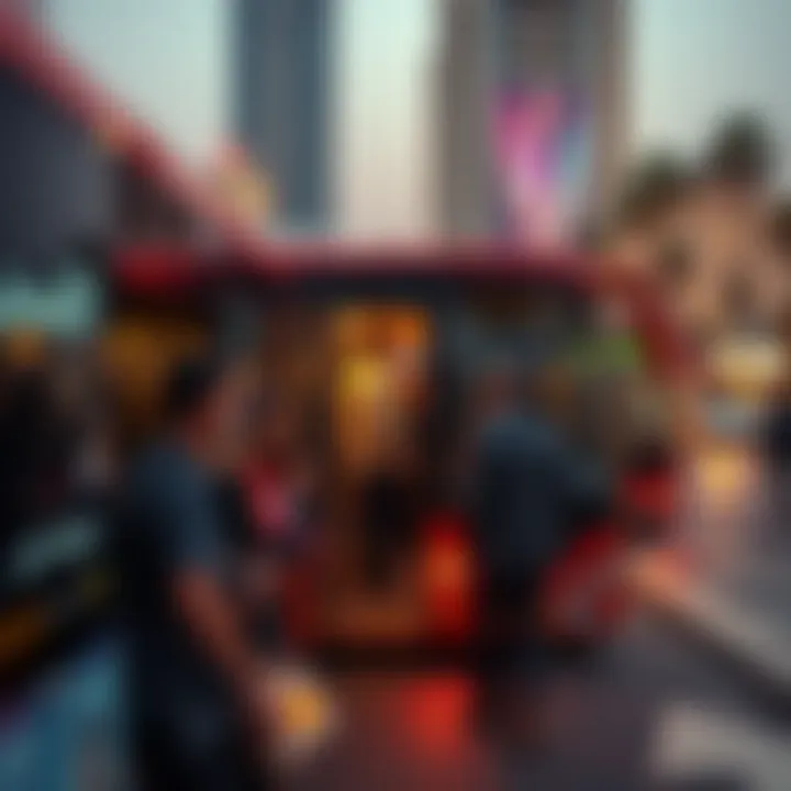 Passengers boarding a bus at International City