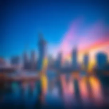 Dubai Marina Skyline at Sunrise Vibrant hues of sunrise reflecting off the Dubai Marina skyline