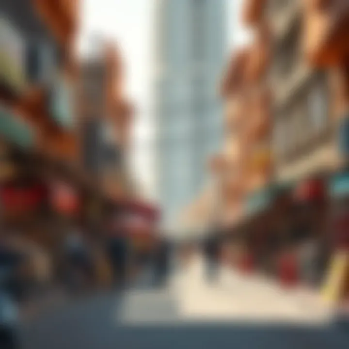 A vibrant street scene in Sunrise Oud Metha depicting community life and local businesses